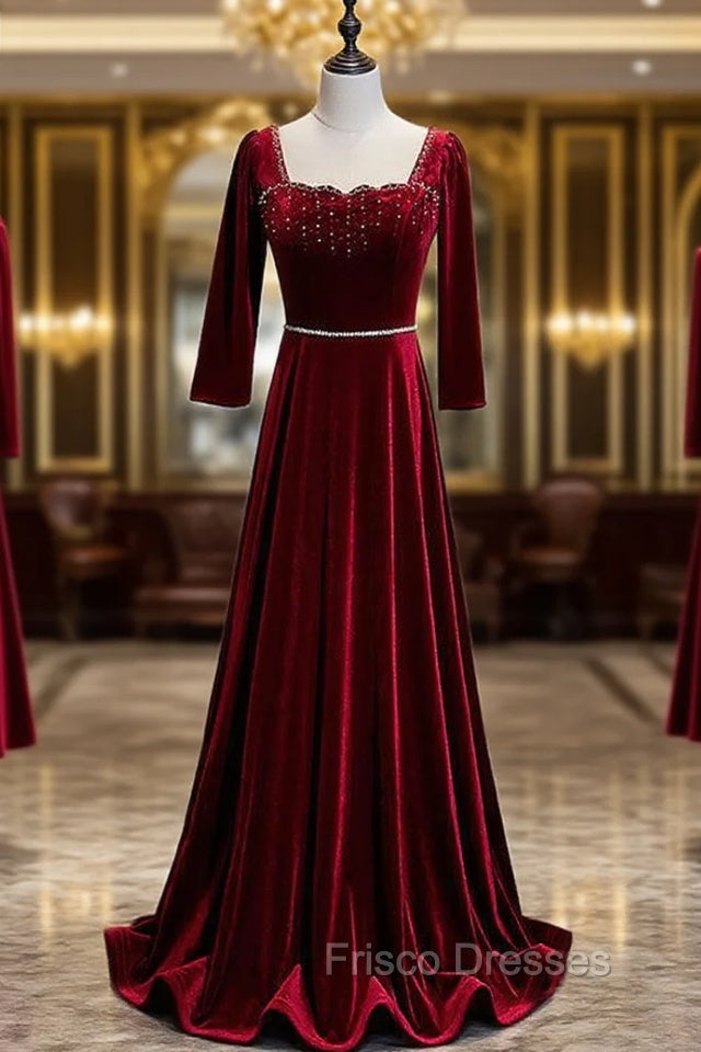 Burgundy Velvet Long Sleeve Square Beading Formal Prom Dress Main image