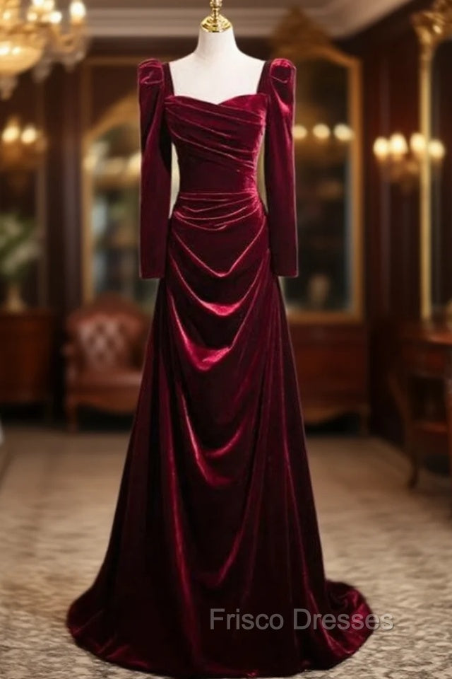 Burgundy Velvet Long Sleeve Square Neck Pleats Formal Prom Dress Main image
