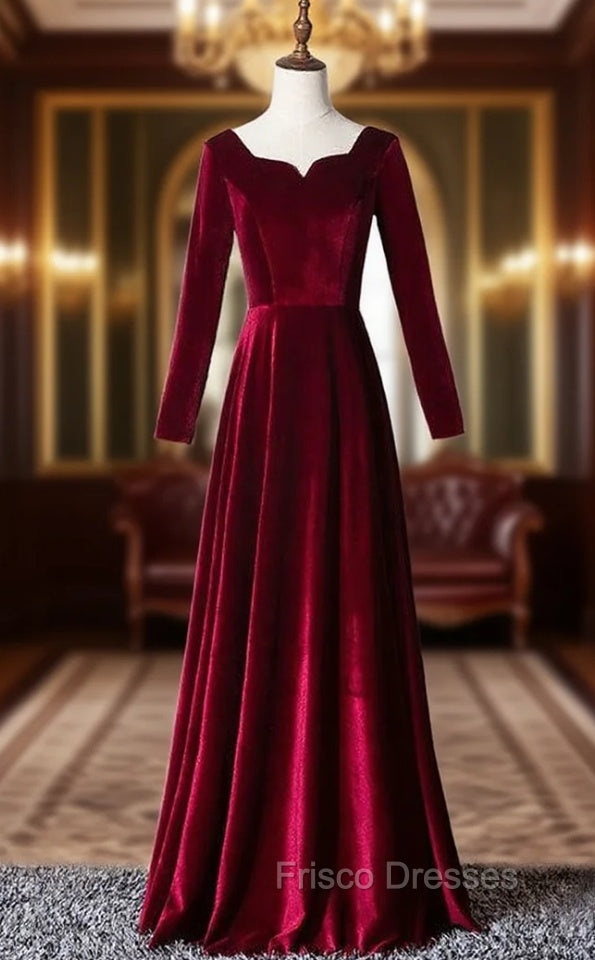 Burgundy Velvet Long Sleeve Square Formal Prom Dress Main image