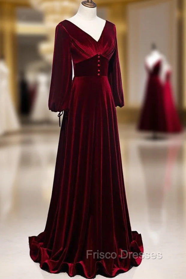Burgundy Velvet Long Sleeves A-line Formal Prom Dress, Long Simple Bridesmaid Dress Secondary image