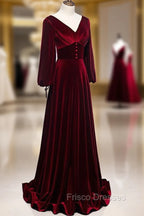 Burgundy Velvet Long Sleeves A-line Formal Prom Dress, Long Simple Bridesmaid Dress