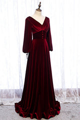 Burgundy Velvet Long Sleeves A-line Prom Dress, Long Simple Bridesmaid Dresses