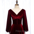 Burgundy Velvet Long Sleeves A-line Formal Prom Dress, Long Simple Bridesmaid Dress