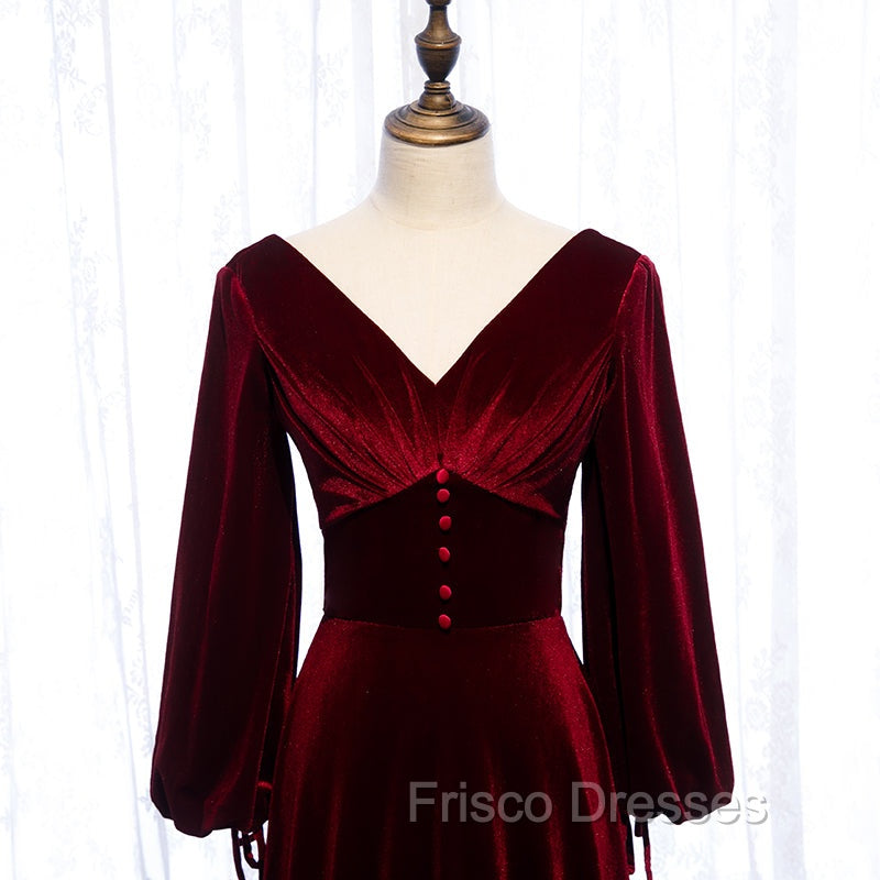 Burgundy Velvet Long Sleeves A-line Formal Prom Dress, Long Simple Bridesmaid Dress