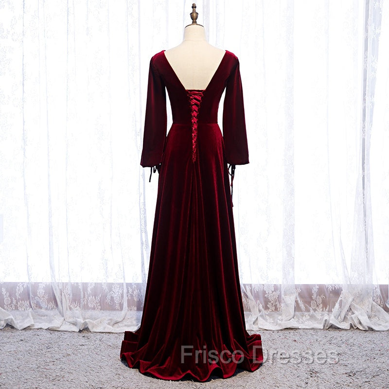 Burgundy Velvet Long Sleeves A-line Formal Prom Dress, Long Simple Bridesmaid Dress