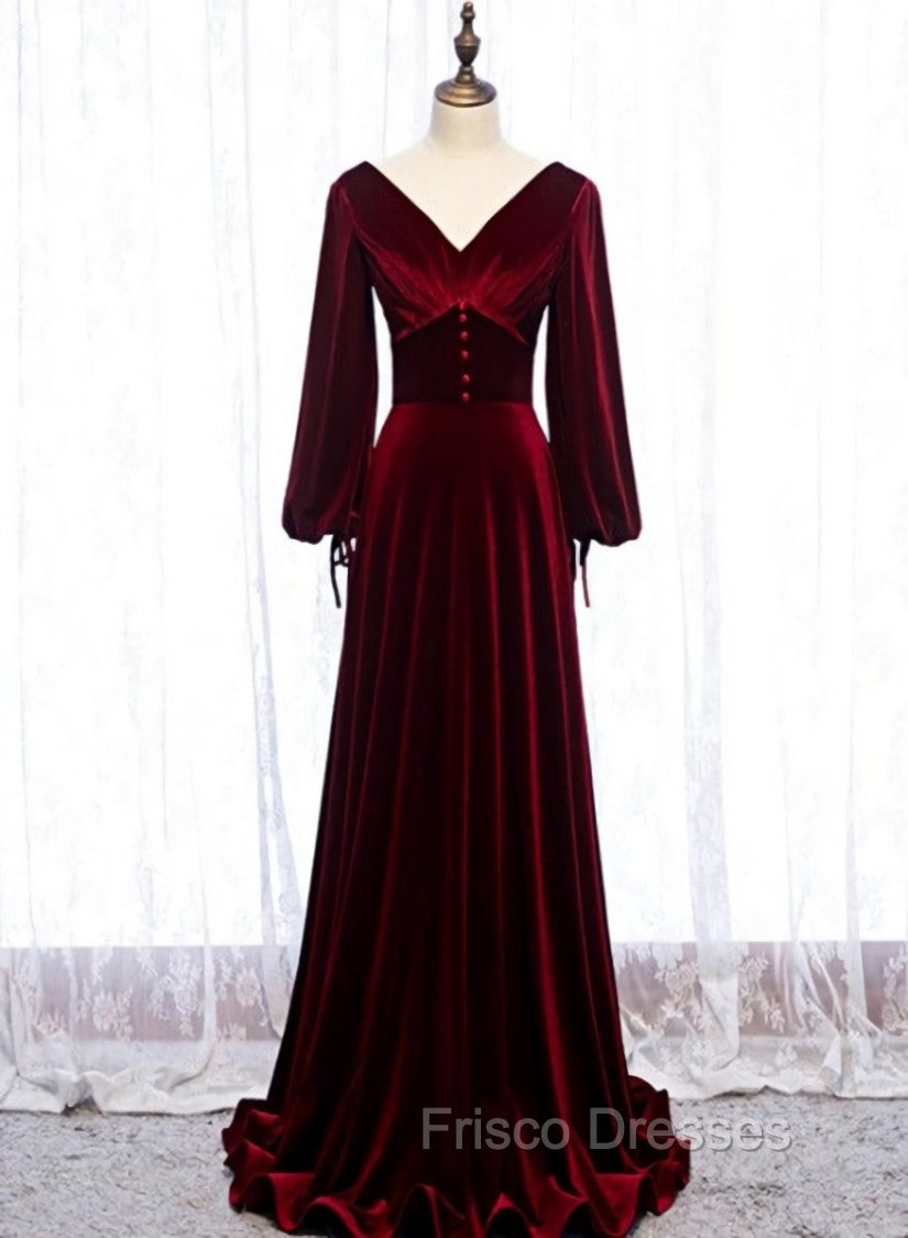 Burgundy Velvet Long Sleeves A-line Formal Prom Dress, Long Simple Bridesmaid Dress Main image