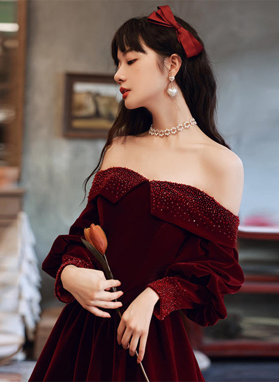 Burgundy Velvet Long Sleeves Beaded Prom Dress, Sweetheart Long Formal Dress Secondary image