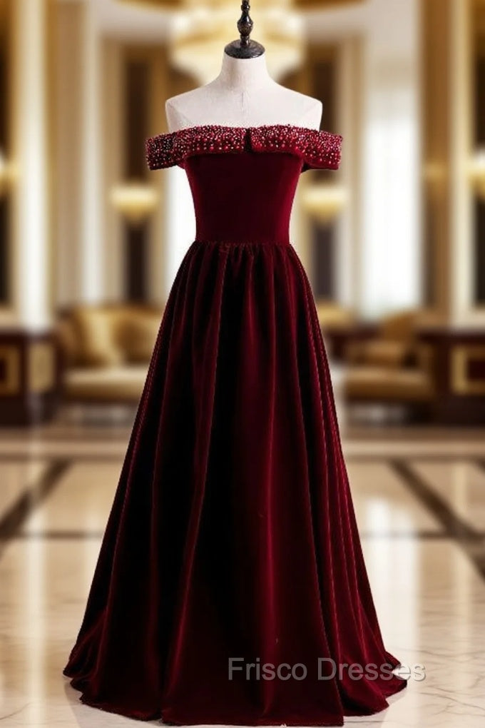 Burgundy Velvet Off the Shoulder Beading Formal Prom Dress