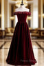 Burgundy Velvet Off the Shoulder Beading Formal Prom Dress
