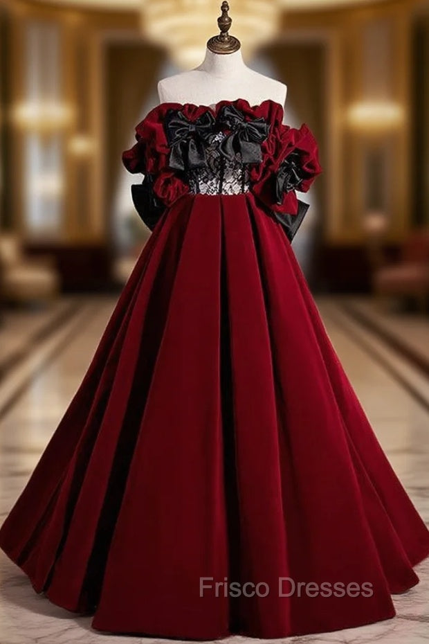 Burgundy Velvet Off the Shoulder Black Bow Formal Prom Dress Main image