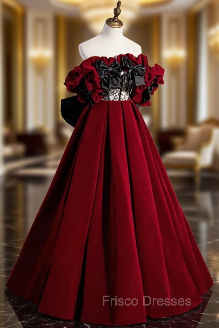 Burgundy Velvet Off the Shoulder Floor Length Formal Prom Dress Main image