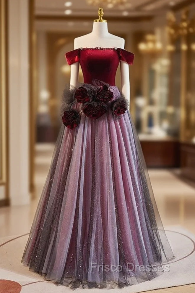 Burgundy Velvet Off the Shoulder Flower Formal Prom Dress