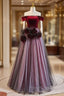 Burgundy Velvet Off the Shoulder Flower Formal Prom Dress