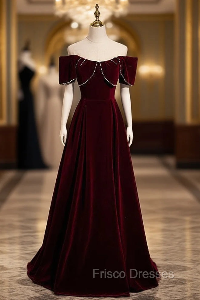 Burgundy Velvet Off the Shoulder Pearls Formal Prom Dress Main image