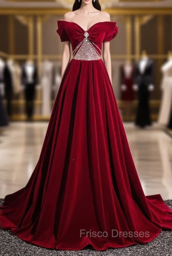 Burgundy Velvet Off the Shoulder Pleats Beading Formal Prom Dress