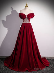 Burgundy Velvet Off the Shoulder Pleats Beading Prom Dress