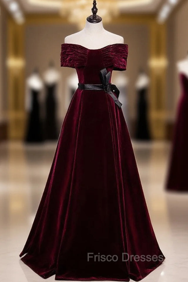 Burgundy Velvet Off the Shoulder Pleats Formal Prom Dress With Belt Main image