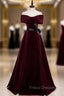 Burgundy Velvet Off the Shoulder Pleats Formal Prom Dress With Belt