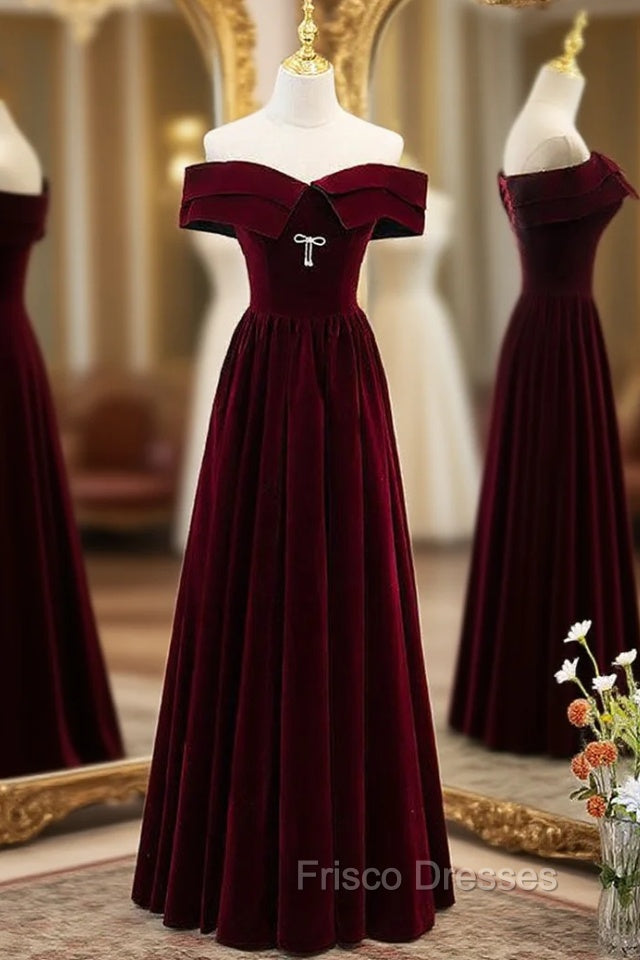 Burgundy Velvet Off the Shoulder Formal Prom Dress