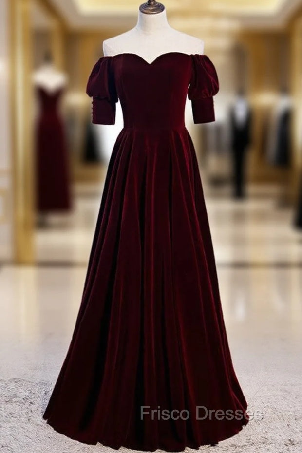 Burgundy Velvet Off the Shoulder Short Sleeve Formal Prom Dress