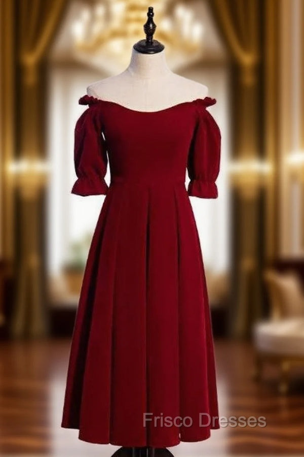 Burgundy Velvet Off the Shoulder Short Sleeve Tea Length Formal Prom Dress Main image