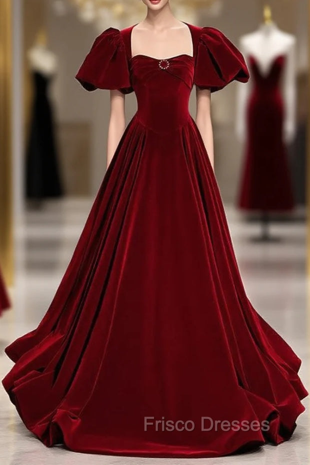 Burgundy Velvet Puff Sleeve Backless Beading Formal Prom Dress Main image