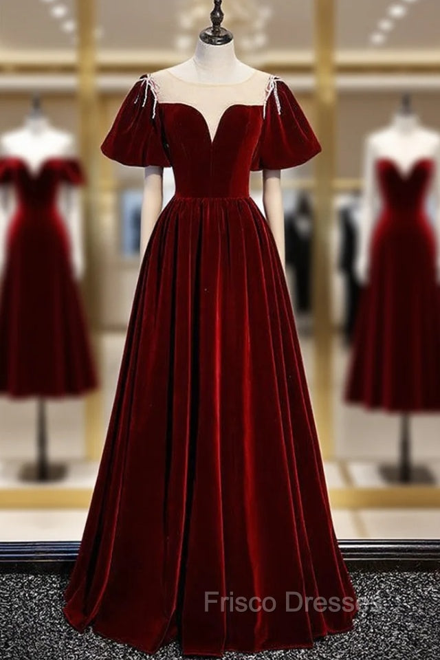 Burgundy Velvet Puff Sleeve Beading Formal Prom Dress Main image