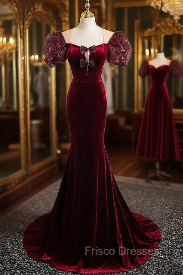 Burgundy Velvet Puff Sleeve Bow Formal Prom Dress Main image