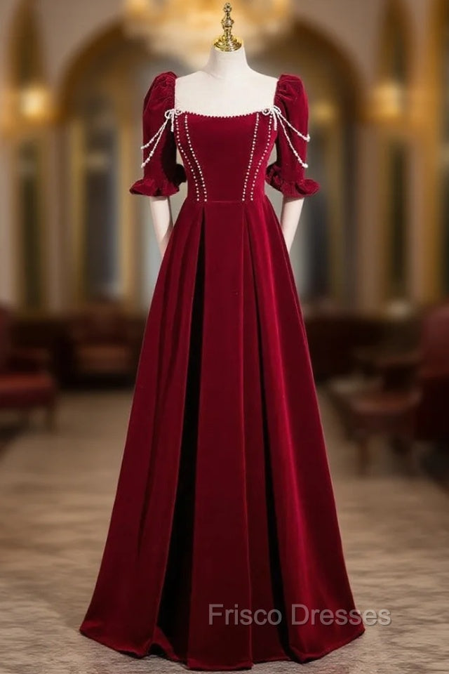 Burgundy Velvet Puff Sleeve Pearls Formal Prom Dress Main image