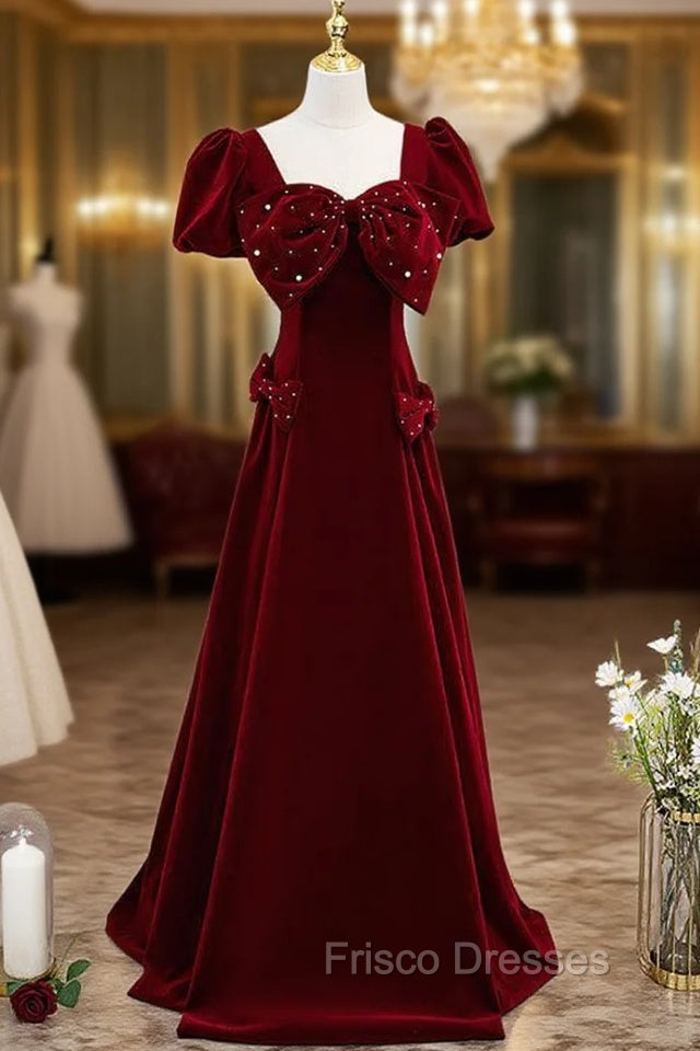 Burgundy Velvet Puff Sleeve Formal Prom Dress With Bow Main image