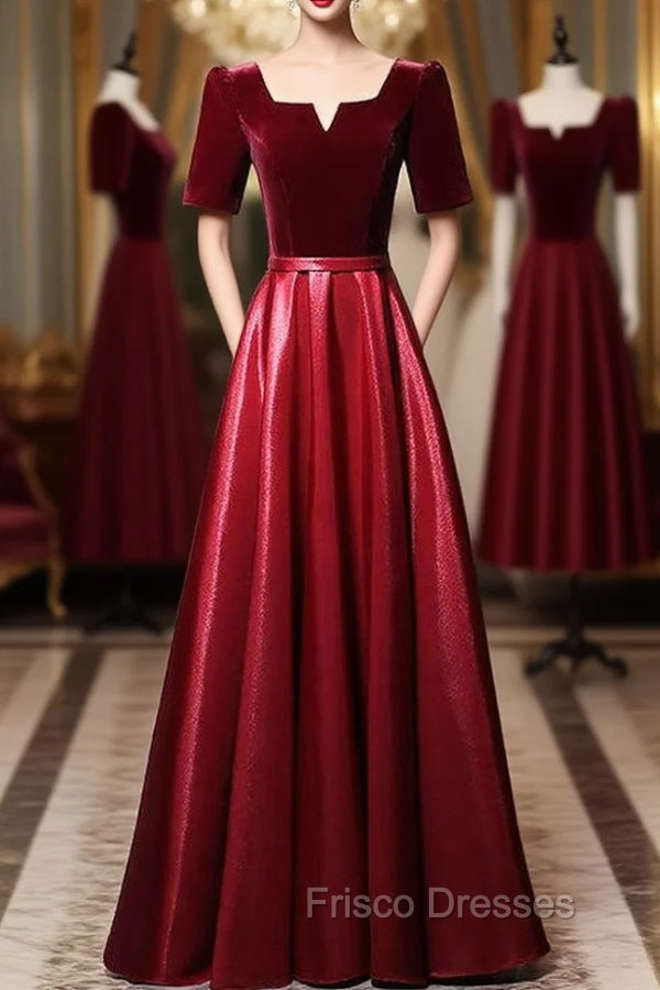 Burgundy Velvet Satin Short Sleeve Formal Prom Dress Main image