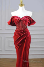 Burgundy Velvet Sequins Long Formal Prom Dress, Mermaid Off The Shoulder Party Dress With Slit