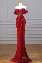 Burgundy Velvet Sequins Long Formal Prom Dress, Mermaid Off The Shoulder Party Dress With Slit