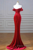 Burgundy Velvet Sequins Long Formal Prom Dress, Mermaid Off The Shoulder Party Dress With Slit