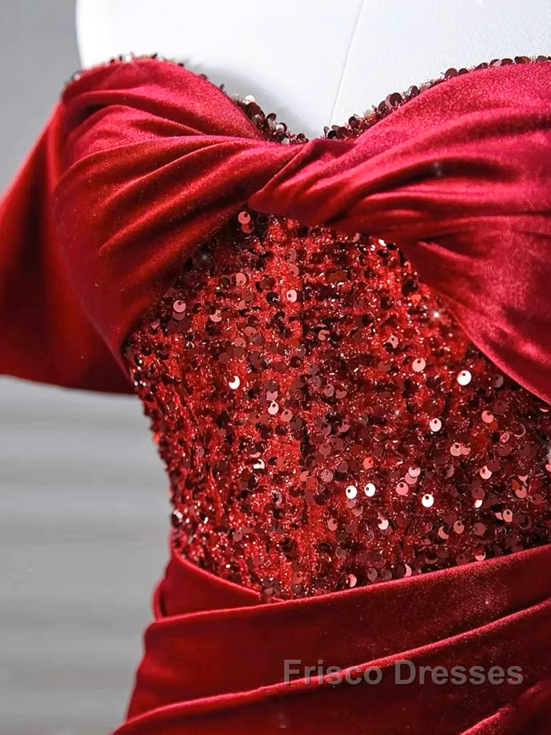 Burgundy Velvet Sequins Long Formal Prom Dress, Mermaid Off The Shoulder Party Dress With Slit