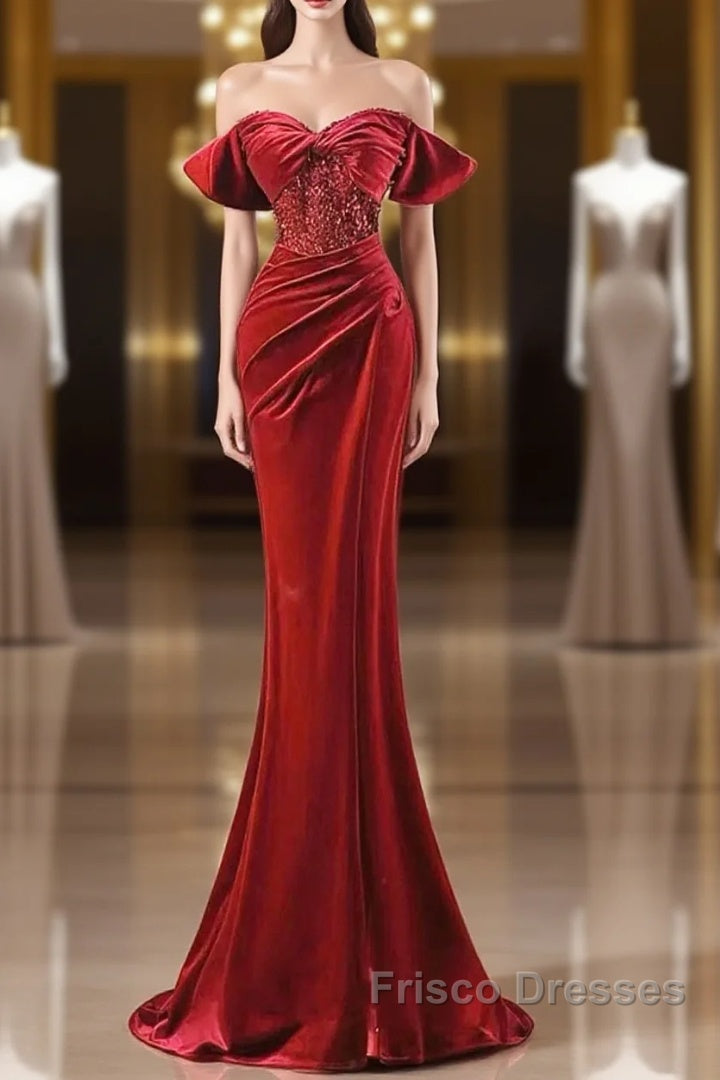 Burgundy Velvet Sequins Long Formal Prom Dress, Mermaid Off The Shoulder Party Dress With Slit Main image