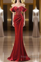 Burgundy Velvet Sequins Long Formal Prom Dress, Mermaid Off The Shoulder Party Dress With Slit