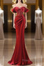 Burgundy Velvet Sequins Long Formal Prom Dress, Mermaid Off The Shoulder Party Dress With Slit