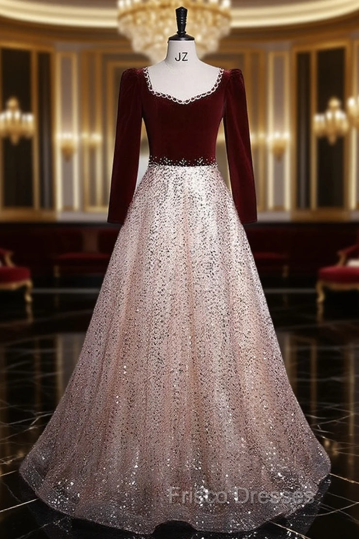 Burgundy Velvet Sequins Long Sleeve Beading Formal Prom Dress