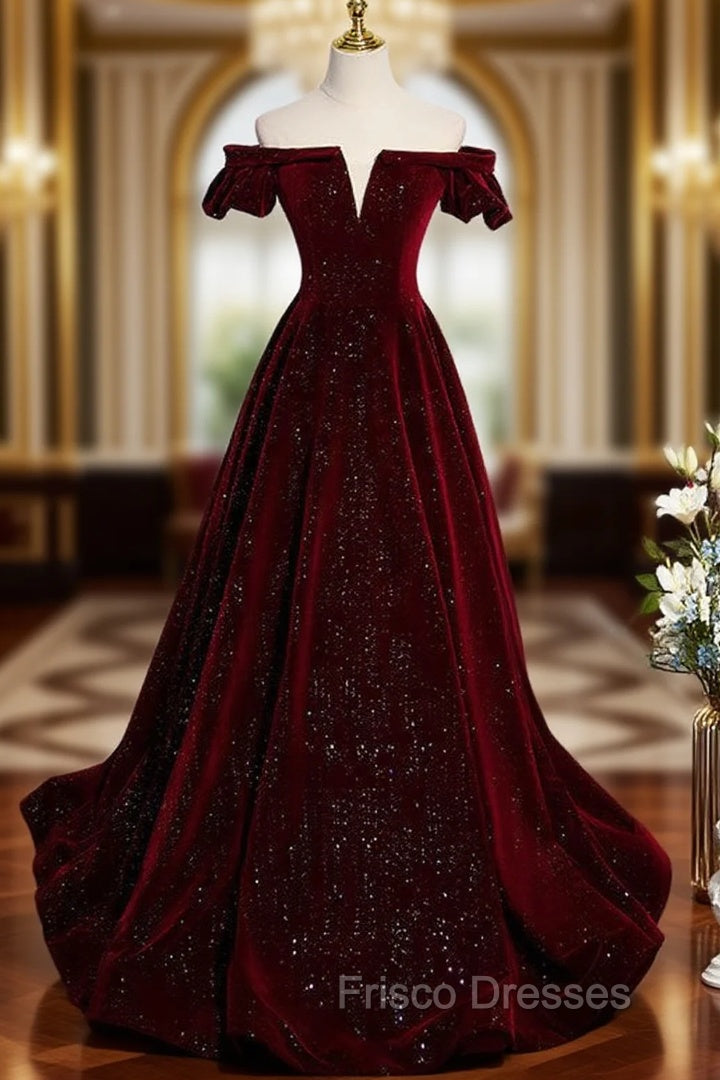Burgundy Velvet Sequins Off the Shoulder Formal Prom Dress Main image