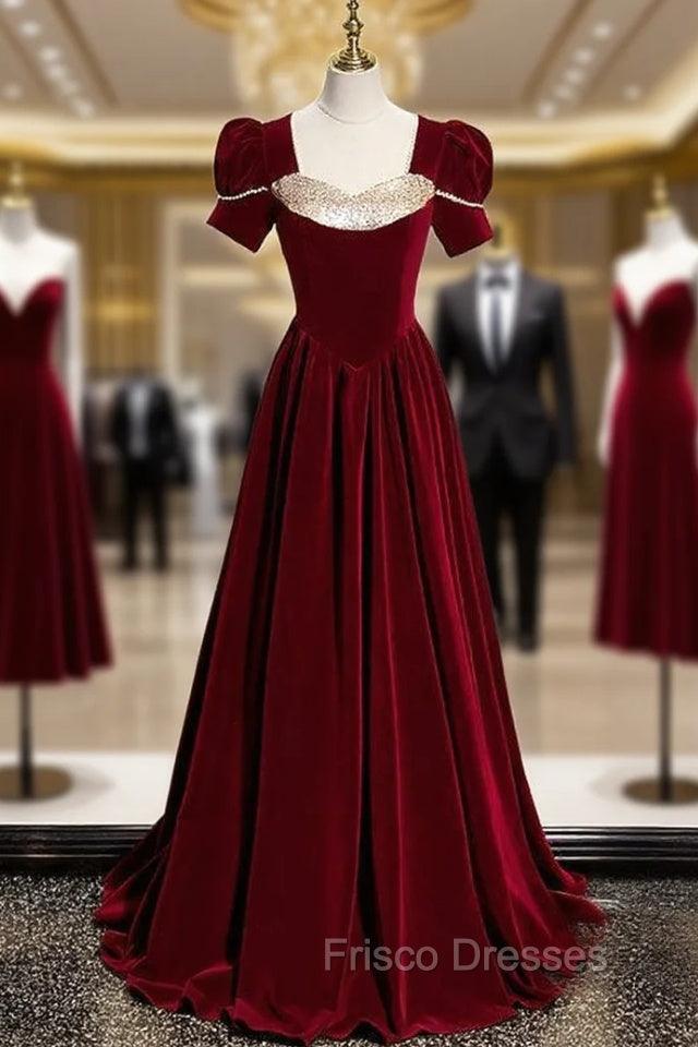 Burgundy Velvet Sequins Square Short Sleeve Formal Prom Dress Main image