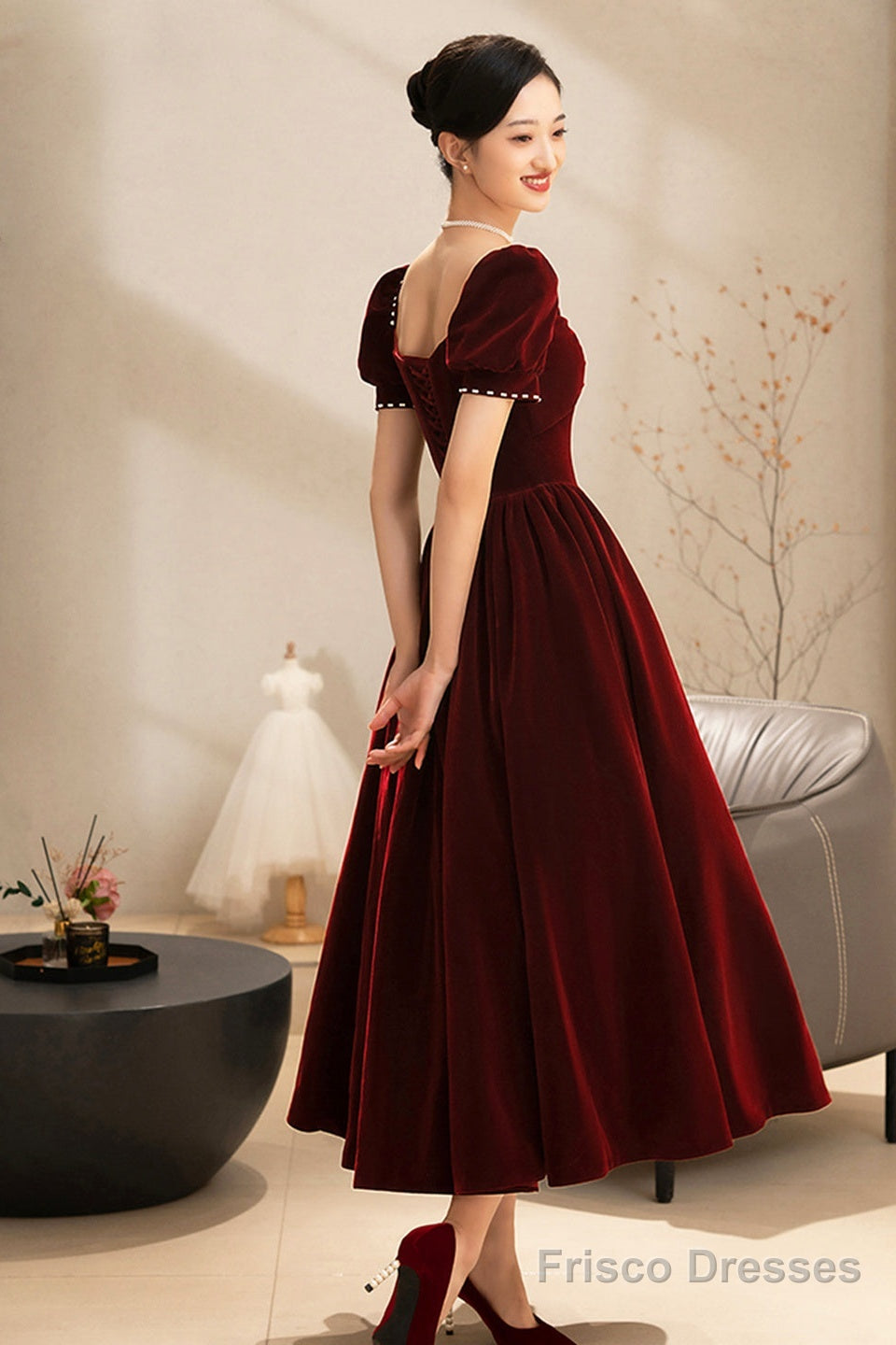 Burgundy Velvet Short Prom Dress, A-Line Short Sleeve Party Dress