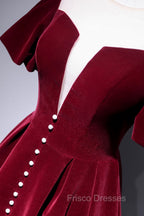 Burgundy Velvet Short Formal Prom Dress, Cute A-Line Party Dress