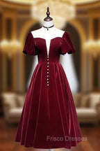 Burgundy Velvet Short Formal Prom Dress, Cute A-Line Party Dress