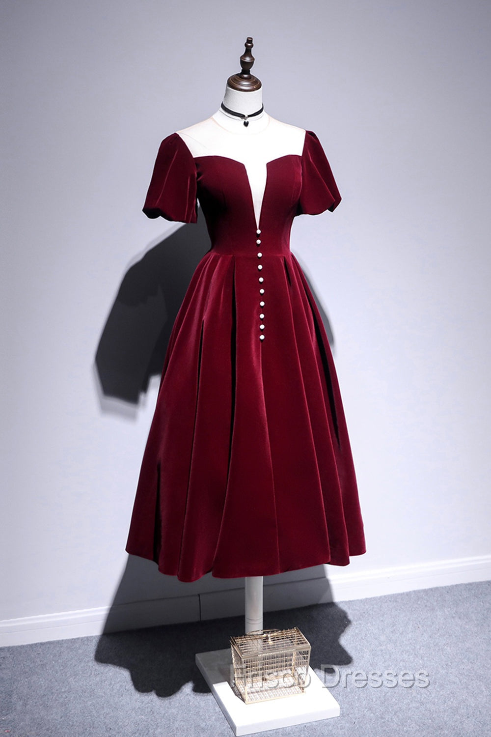 Burgundy Velvet Short Formal Prom Dress, Cute A-Line Party Dress