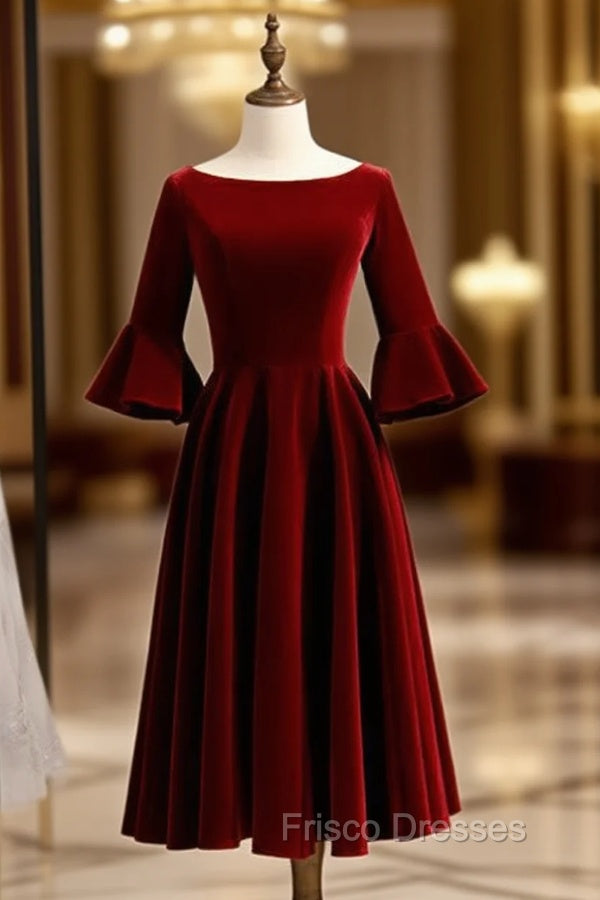 Burgundy Velvet Short Sleeve Bateau Neck Short Formal Prom Dress