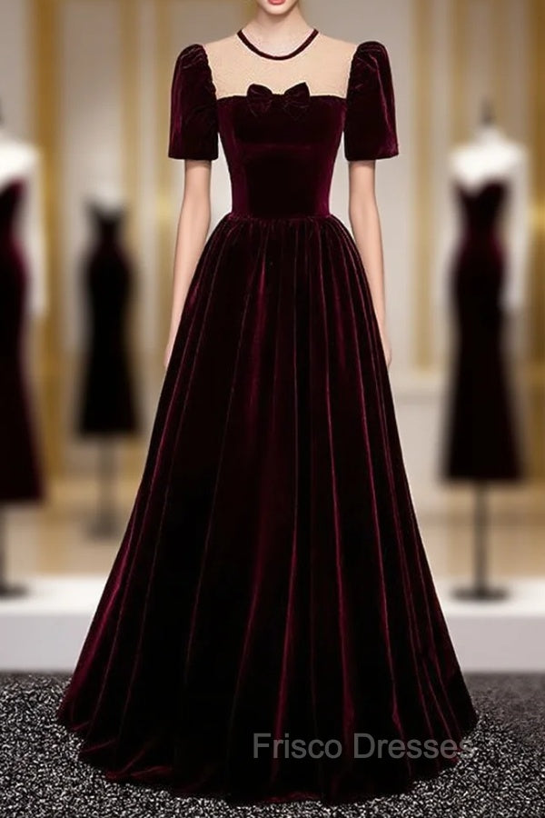 Burgundy Velvet Short Sleeve Bow Formal Prom Dress Main image