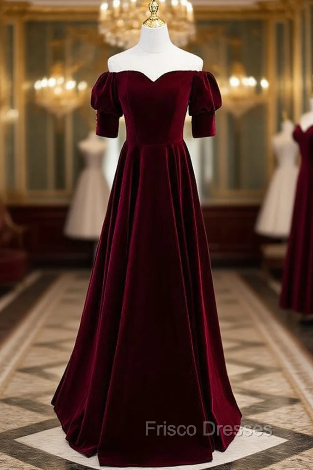 Burgundy Velvet Short Sleeve Long Formal Prom Dress Main image