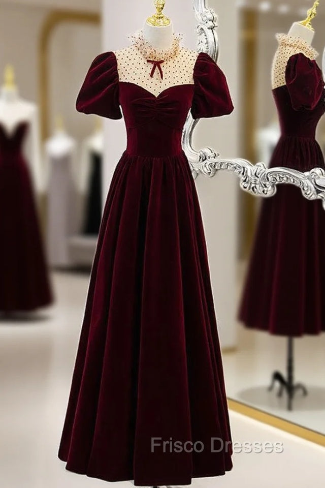 Burgundy Velvet Short Sleeve Formal Prom Dress Main image