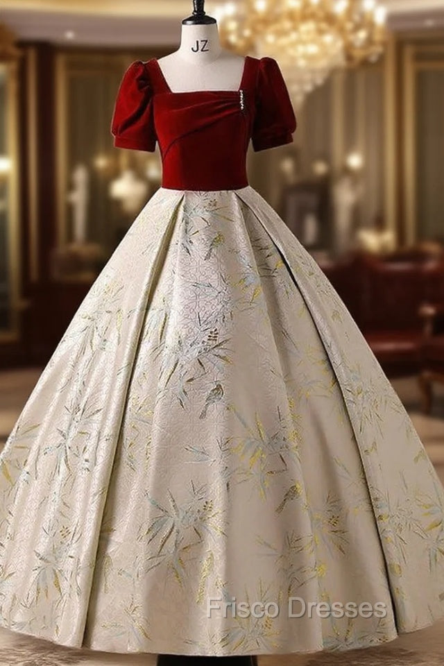 Burgundy Velvet Short Sleeve Quinceanera Dress